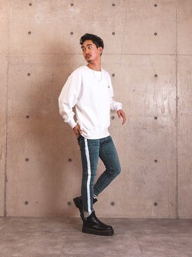 「#Re:room（リルーム）のラインペイントストレッチスキニーデニムパンツ（デニムパンツ）」を使った、keigoyamazakiさん（メンズ・172cm）の冬コーディネート