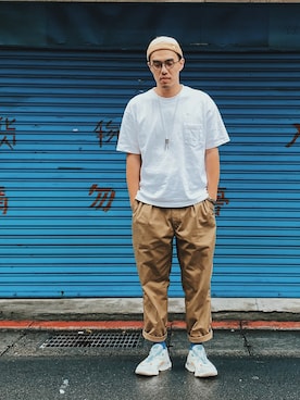 「plain-me（プレインミー）のアイテム（Tシャツ/カットソー）」を使った、AshWangさん（メンズ・175cm）の夏コーディネート