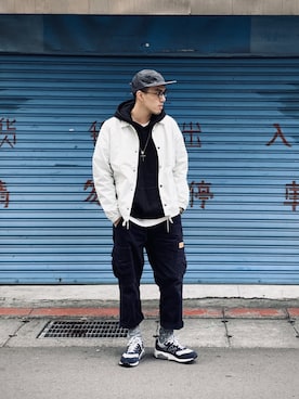 「plain-me（プレインミー）のアイテム（ナイロンジャケット）」を使った、AshWangさん（メンズ・176cm）の冬コーディネート