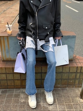 「moussy」｜「アイテム（ライダースジャケット）」を使った、ゆうきさん（メンズ・173cm）の冬コーディネート