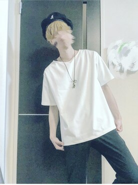 「白黒」｜「アイテム（ハンチング/ベレー帽）」を使った、ぺぃさん（メンズ・175cm）の夏コーディネート