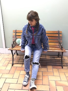 「フリンジデニム」｜「アイテム（デニムジャケット）」を使った、star.maammiyさん（レディース・155cm）の冬コーディネート