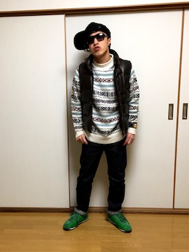 「Moonage Devilment（ムーンエイジデビルメント）のアイテム（キャップ）」を使った、Vinnyさん（メンズ・163cm）の冬コーディネート