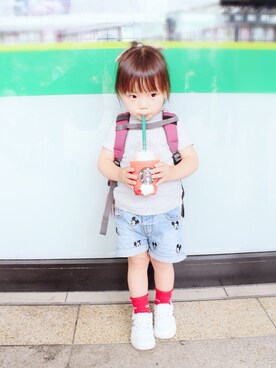 「BRANSHES（ブランシェス）のトタンテレコ半袖Tシャツ（Tシャツ/カットソー、グレー系）」を使った、punanaさん（キッズ・80cm）の春コーディネート