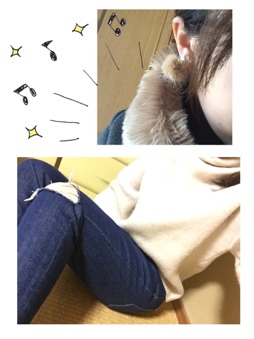 「休日スタイル、デニム、ダメージデニムパンツ、デニムパンツ、ファーアクセ、ファー小物、ファー、イヤリング、めがね」｜「KBFのKBF ハイネック袖ボリュームカットソー（Tシャツ/カットソー、グレー系）」を使った、がっちゃんさん（レディース・159cm）の冬コーディネートの1枚目の写真