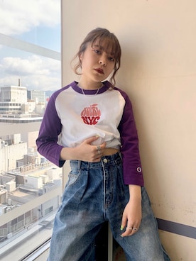 「X-girl（エックスガール）のX-girl × CHAMPION B/B TEE（Tシャツ/カットソー）」を使った、Fukuo Yuukaさん（レディース・145cm）の春コーディネート