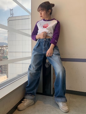 「X-girl（エックスガール）のX-girl × CHAMPION B/B TEE（Tシャツ/カットソー）」を使った、Fukuo Yuukaさん（レディース・145cm）の春コーディネート