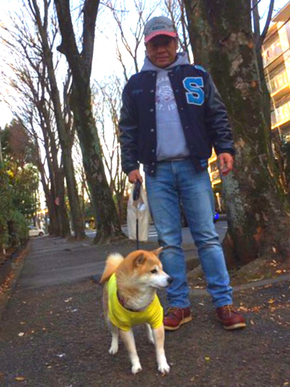 「散歩、スタジャン、ダメージデニムパンツ、パーカー、RED WING、柴犬」｜「古着のアイテム（パーカー、グレー系）」を使った、KGさん（メンズ・165cm）の冬コーディネートの1枚目の写真