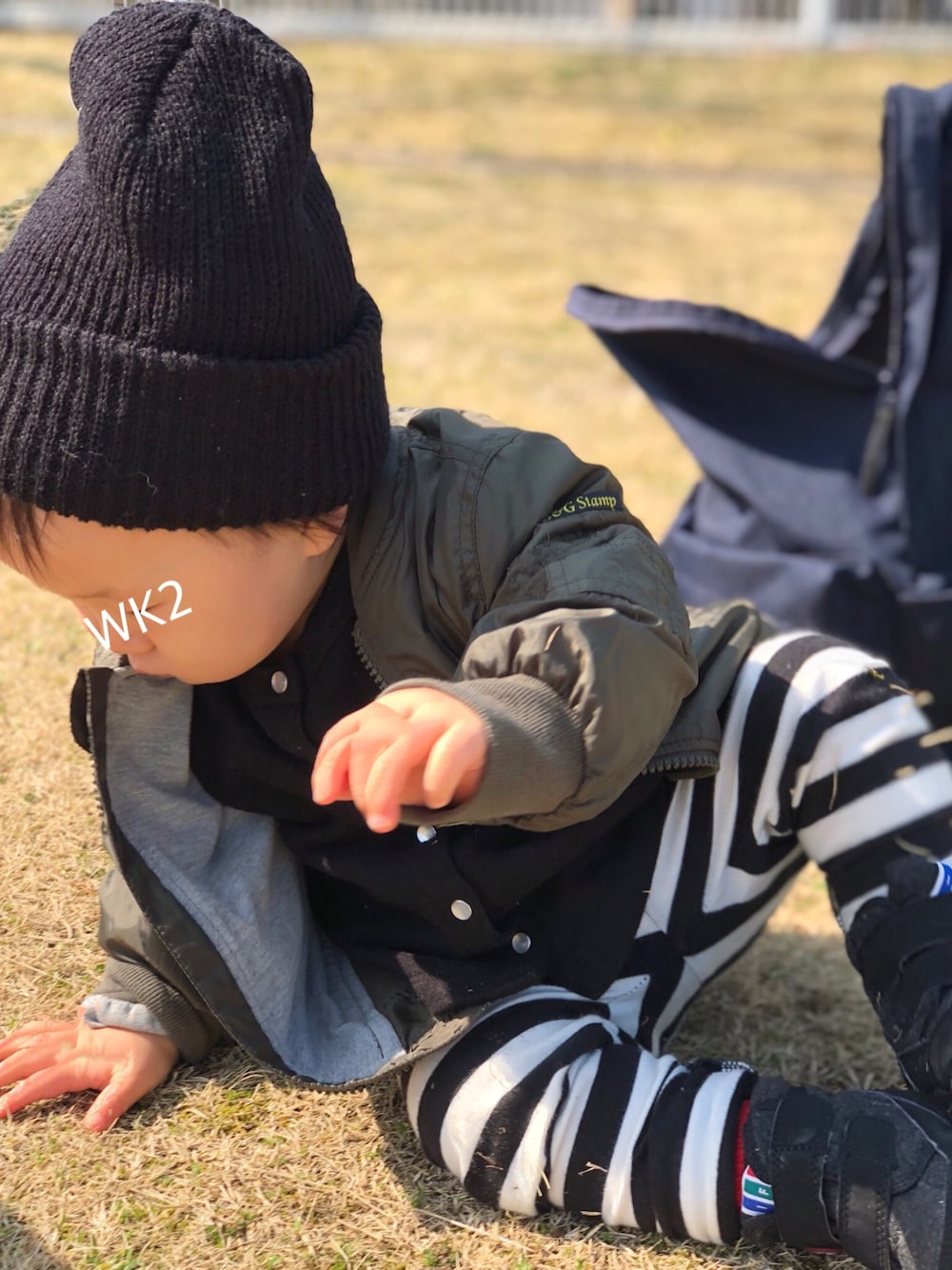 「男の子、12ヶ月、1歳」｜「西松屋のアイテム（MA-1、グリーン系）」を使った、わっくさん（キッズ・80cm）の冬コーディネートの1枚目の写真