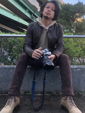「no brand（ノーブランド）のアイテム（ライダースジャケット）」を使った、tatasouさん（メンズ・165cm）の秋コーディネート