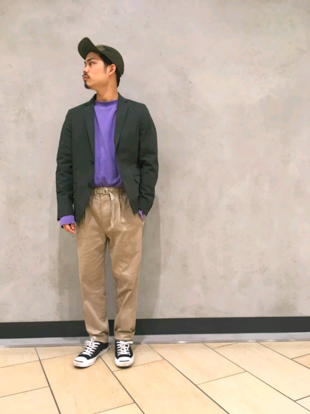 「dieselterracemallshonan、Diesel、シンプルコーデ、春コーデ」｜「DIESELのアイテム（テーラードジャケット、グリーン系）」を使った、KIMUさん（メンズ・168cm）の春コーディネートの1枚目の写真