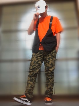 「カモ柄」｜「アイテム（キャップ）」を使った、T-ICE-K さん（メンズ・170cm）の夏コーディネート
