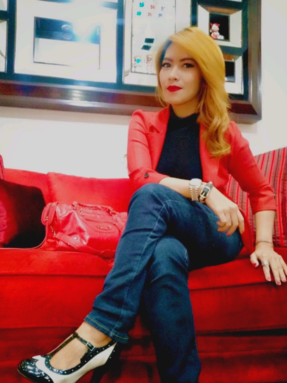 「red、fashion、outfit、ROLEX、fashionista」｜「ROLEXのアイテム（アナログ腕時計、ゴールド系）」を使った、Sparkling Femmeさん（レディース・161cm）の春コーディネートの1枚目の写真