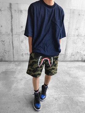 「GU（ジーユー）のアイテム（Tシャツ/カットソー、ブルー系）」を使った、kuma1582さん（メンズ・180cm）の夏コーディネート