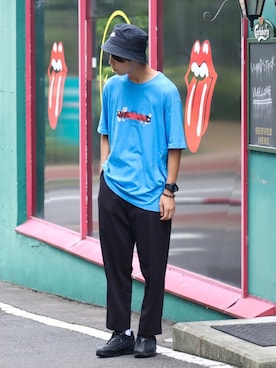 「FLAGSTUFF（フラグスタフ）のアイテム（パンツ）」を使った、なかそにーさん（メンズ・175cm）の夏コーディネート