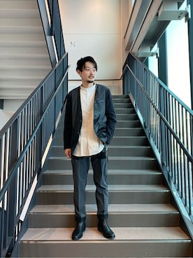 「新作」｜「アイテム（ノーカラージャケット）」を使った、Takaya Yamaguchiさん（メンズ・176cm）の冬コーディネート