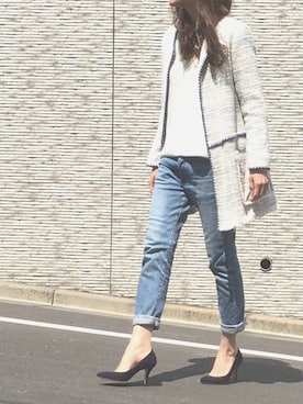 「アイテム（ノーカラージャケット、ホワイト系）」を使った、mikiさん（レディース・170cm）の春コーディネート