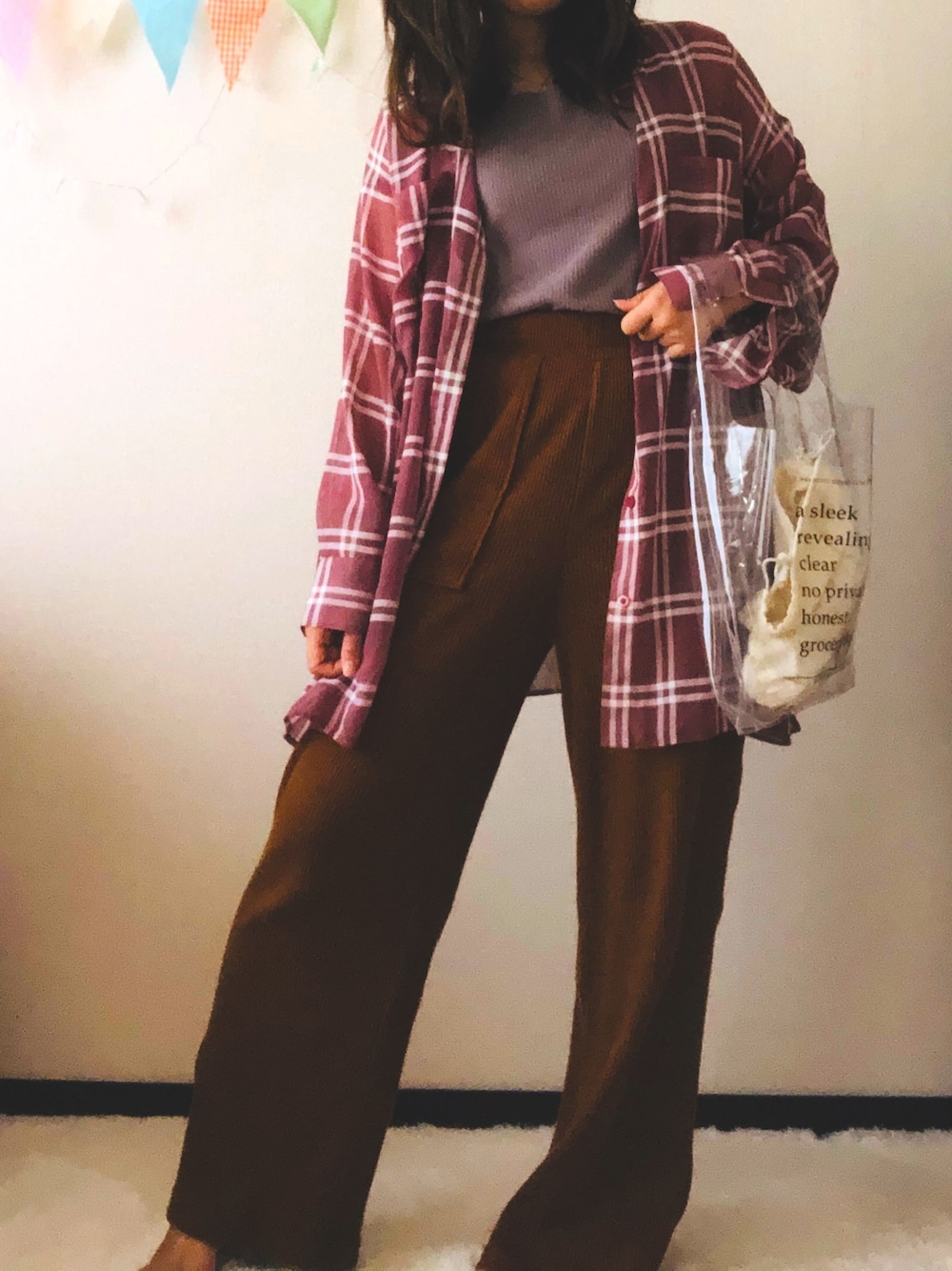 「秋のコーデ、ピンクチェック、ブラウス」｜「GUのアイテム（その他パンツ、ブラウン系）」を使った、mさん（レディース・150cm）の秋コーディネートの1枚目の写真