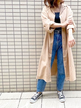 「テーパードデニム」｜「アイテム（トレンチコート）」を使った、azuさん（レディース・153cm）の春コーディネート