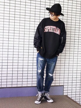 「glamb（グラム）のSUPERTRAMP sweat（スウェット、ブラック系）」を使った、ヤマダ コウキさん（メンズ・178cm）の冬コーディネート