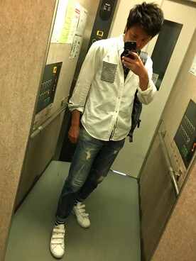 「adidas（アディダス）のadidas アディダス STAN SMITH CF スタンスミスCF S75188 16SP WTH/WTH/GOLDMT（スニーカー、ホワイト系）」を使った、hirokiさん（メンズ・176cm）の春コーディネート