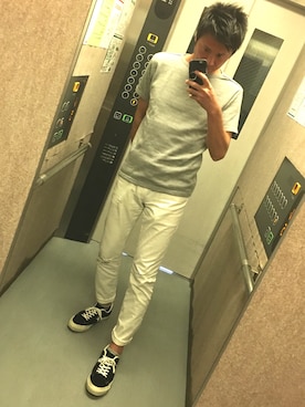 「THE SHOP TK （ザ ショップ ティーケー ）の接結裏ボーダーショートスリーブニット（Tシャツ/カットソー、グレー系）」を使った、hirokiさん（メンズ・176cm）の春コーディネート