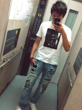 「NICOLE（ニコル）のアイテム（Tシャツ/カットソー、ホワイト系）」を使った、hirokiさん（メンズ・176cm）の夏コーディネート