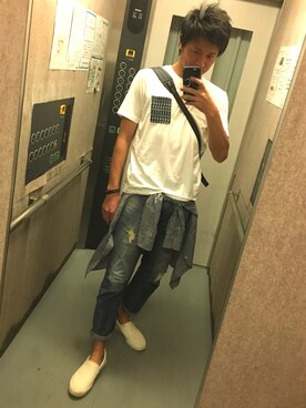 「RAGEBLUE（レイジブルー）のジャガード柄ポケットTシャツ半袖/717267（Tシャツ/カットソー、ホワイト系）」を使った、hirokiさん（メンズ・176cm）の夏コーディネート
