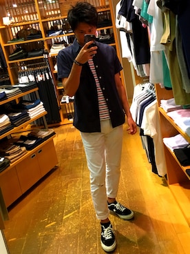 「GLOBAL WORK（グローバルワーク）のメンラミーカラーシャツ半袖/558057（シャツ/ブラウス、ブルー系）」を使った、hirokiさん（メンズ・176cm）の夏コーディネート