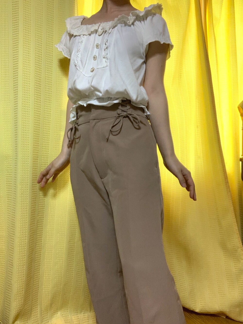 「ガーリー、女の子、おしゃれさんと繋がりたい、リボン」｜「OLIVE des OLIVEのアイテム（パンツ、ベージュ系）」を使った、まこめしさん（レディース・149cm）の夏コーディネートの1枚目の写真
