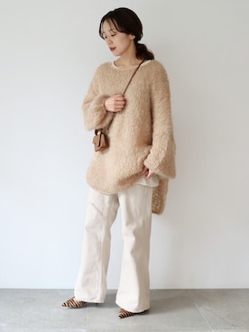 「アイテム（デニムパンツ、ベージュ系）」を使った、midoriさん（レディース・152cm）の冬コーディネート