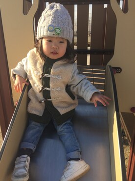 「petit main（プティマイン）のアイテム（ダッフルコート）」を使った、yococoさん（キッズ・90cm）の秋コーディネート