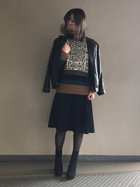 「厚底」｜「アイテム（ライダースジャケット）」を使った、MMさん（レディース・163cm）の冬コーディネート