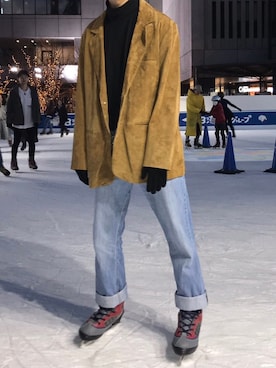 「アイテム（スーツジャケット、イエロー系）」を使った、kentaさん（メンズ・178cm）の冬コーディネート
