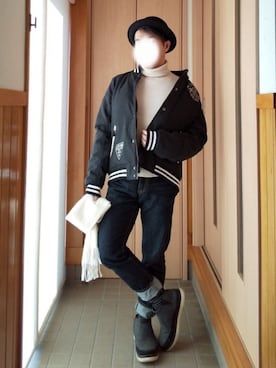 「ハット」｜「アイテム（スタジャン）」を使った、おとうニャンさん（メンズ・165cm）の冬コーディネート