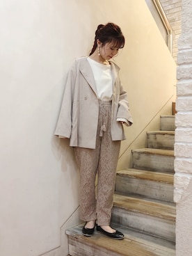 「レースパンツ」｜「アイテム（ノーカラージャケット）」を使った、ねねさん（レディース・155cm）の春コーディネート