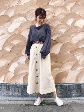 「Crisp（クリスプ）の丸バックルレザーベルト（ベルト）」を使った、ねねさん（レディース・155cm）の秋コーディネート