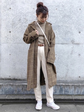 「Crisp（クリスプ）の丸バックルレザーベルト（ベルト）」を使った、ねねさん（レディース・155cm）の秋コーディネート