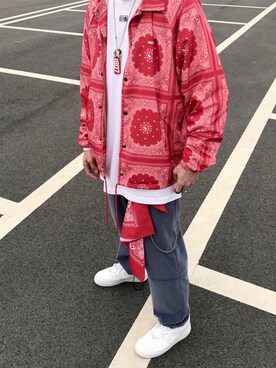 「冠军のアイテム（ジャケット/アウター、レッド系）」を使った、几鱼さん（メンズ・190cm）の春コーディネート