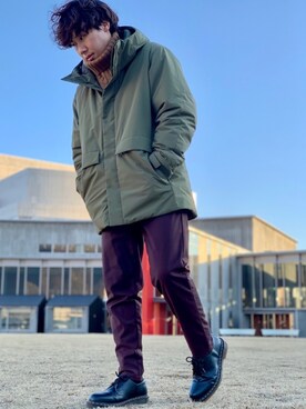 「UNIQLO（ユニクロ）のハイブリッドダウンパーカ（ブルゾン、グリーン系）」を使った、ちーさん（メンズ・169cm）の冬コーディネート