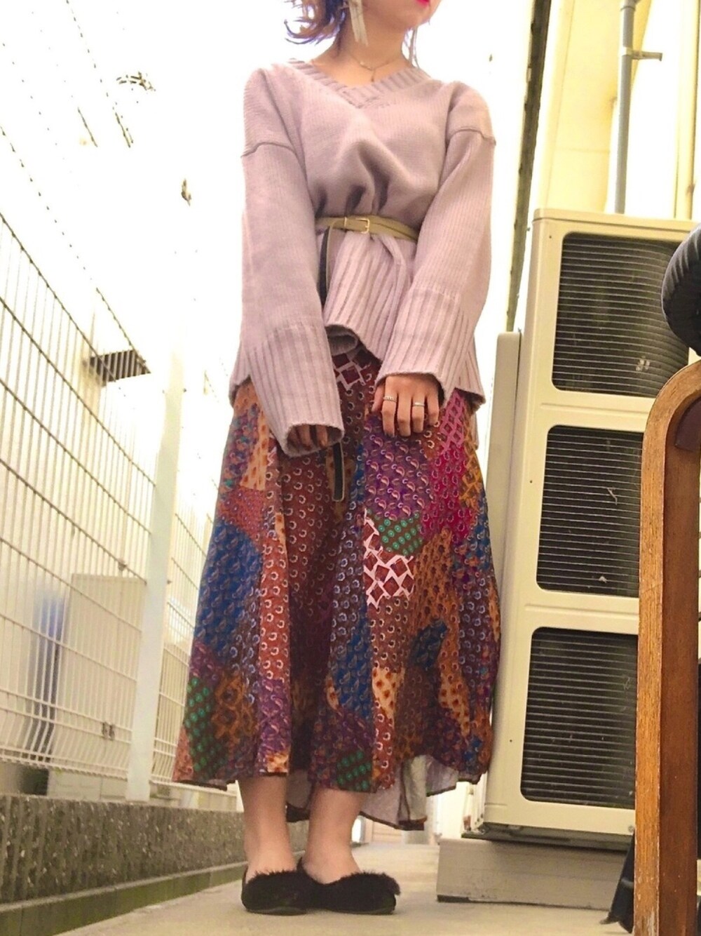 「春コーデ、美容師、美容師コーデ、美容師日記、美容師ファッション、美容師アシスタント、ロングスカート、春色、カジュアルコーデ、おうちファッション」｜「Right-onのアイテム（ニット/セーター、ピンク系）」を使った、♡さん（レディース・165cm）の春コーディネートの1枚目の写真