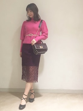 「FURFUR（ファーファー）のパフスリーブリブプルオーバー（ニット/セーター、ピンク系）」を使った、FURFUR ルミネエスト新宿店さん（レディース・160cm）の秋コーディネート