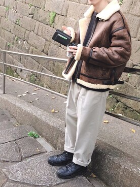 「ムートン」｜「アイテム（その他）」を使った、コンソメスープさん（メンズ・178cm）の冬コーディネート
