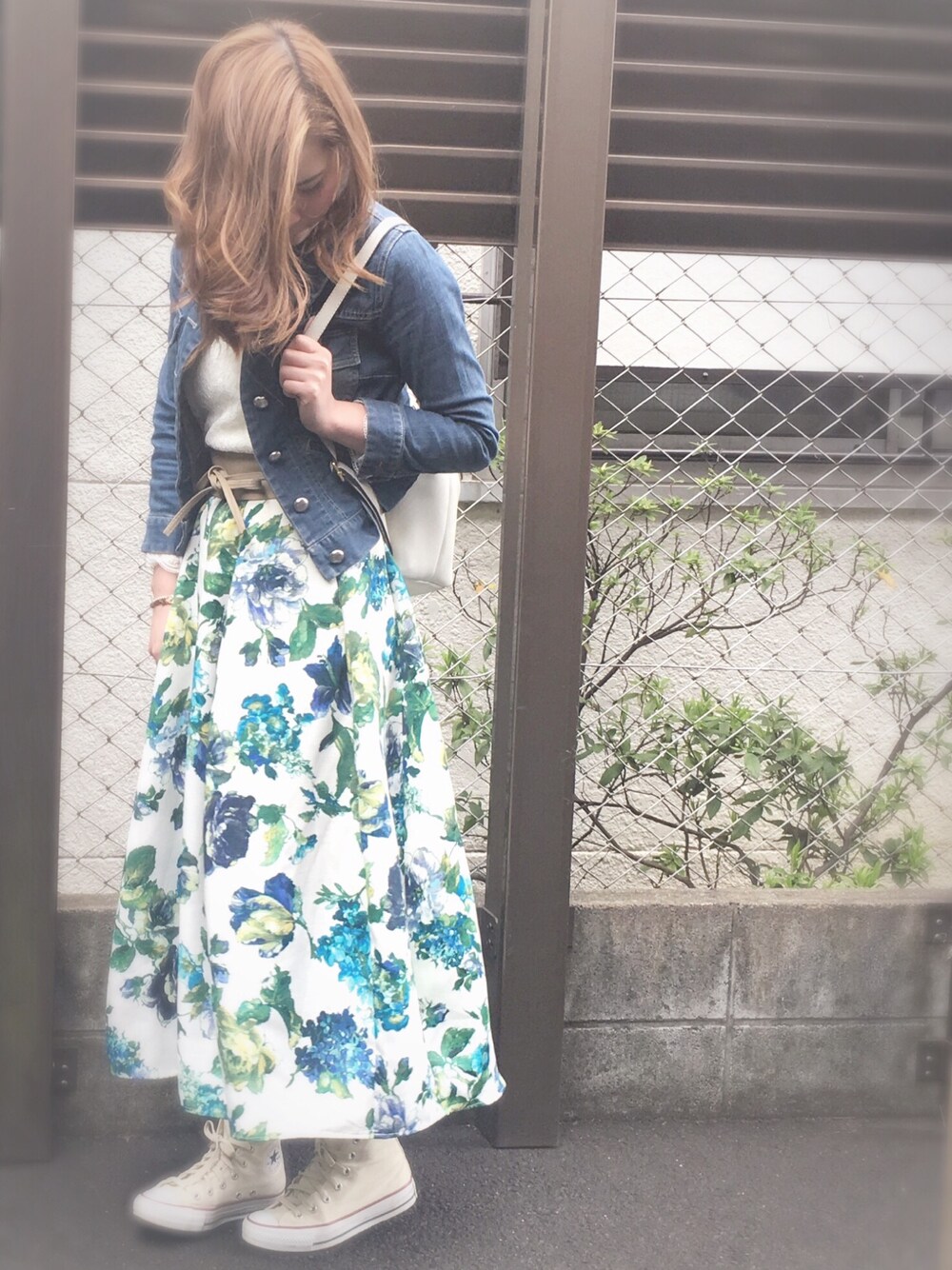 「willselection、ウィルセレクション、BSTR、ウィルガール、花柄、Gジャン、リュック、花見、春コーデ、レース」｜「WILLSELECTIONのアイテム（デニムジャケット、ブルー系）」を使った、yuka.c5さん（レディース・159cm）の春コーディネートの1枚目の写真