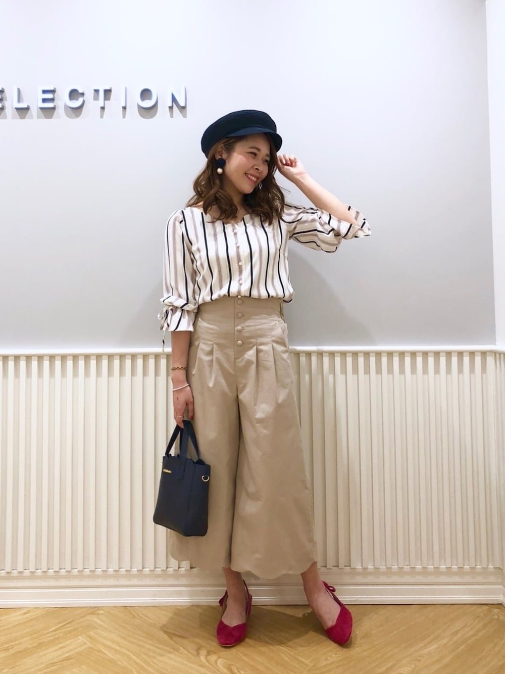 「カジュアルコーデ、春、休日スタイル、ウィルセレクション、willselection、キャスケット、ウィルガール、ガウチョパンツ、ストライプ、ブラウス×パンツ」｜「WILLSELECTIONのマリンキャスケット（キャスケット、ブルー系）」を使った、yuka.c5さん（レディース・159cm）の春コーディネートの1枚目の写真