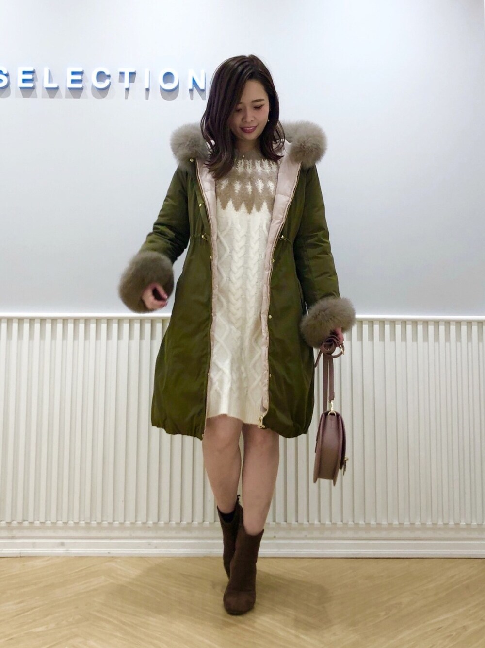 「ウィルセレクション、willselection、冬アウター着回しチャレンジ、ニットワンピース、求心柄、モッズコート、ダウンコート、ショートブーツ、カジュアル、ワンピース」｜「WILLSELECTIONの求心柄ニットワンピース（ワンピース、ホワイト系）」を使った、yuka.c5さん（レディース・159cm）の冬コーディネートの1枚目の写真