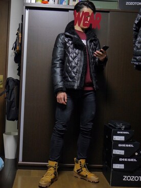 「DIESEL（ディーゼル）のアイテム（ブーツ）」を使った、Hiroさん（メンズ・179cm）の冬コーディネート
