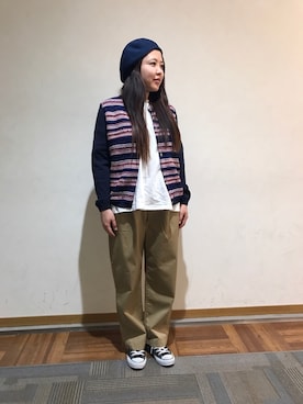 「ポケットＴシャツ」｜「アイテム（ハンチング/ベレー帽）」を使った、もぎさん（レディース・153cm）の春コーディネート