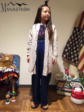「MANASTASH（マナスタッシュ）のアイテム（シャツワンピース）」を使った、もぎさん（レディース・153cm）の春コーディネート