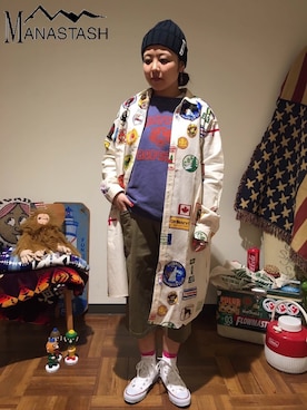 「MANASTASH」｜「アイテム（シャツワンピース）」を使った、もぎさん（レディース・153cm）の春コーディネート